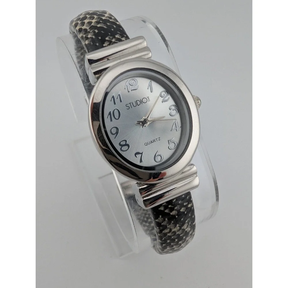 Studio Time Womens Watch 24mm Silver Tone Snake Print Leather Band- New Battery